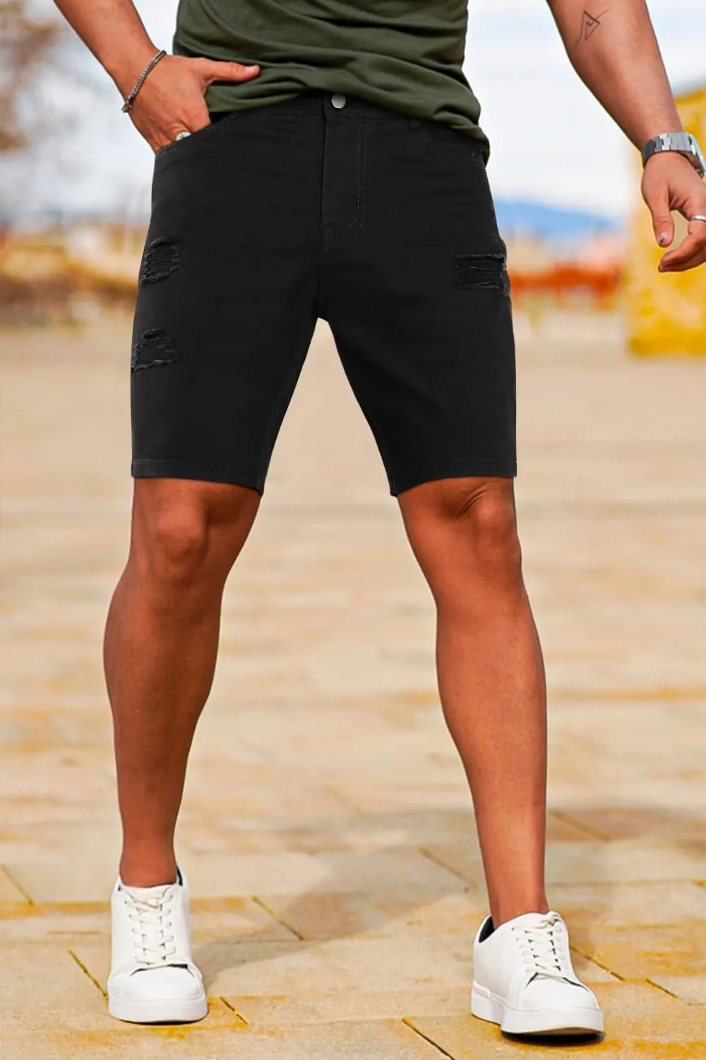 GINGTTO Men's Jean Shorts Ripped Slim Fit Stretch Denim Shorts