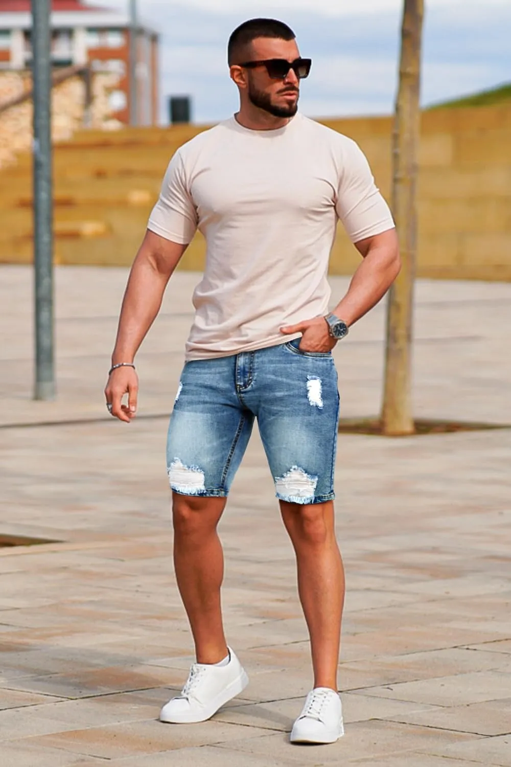 GINGTTO Men's Jean Shorts Ripped Slim Fit Stretch Denim Shorts