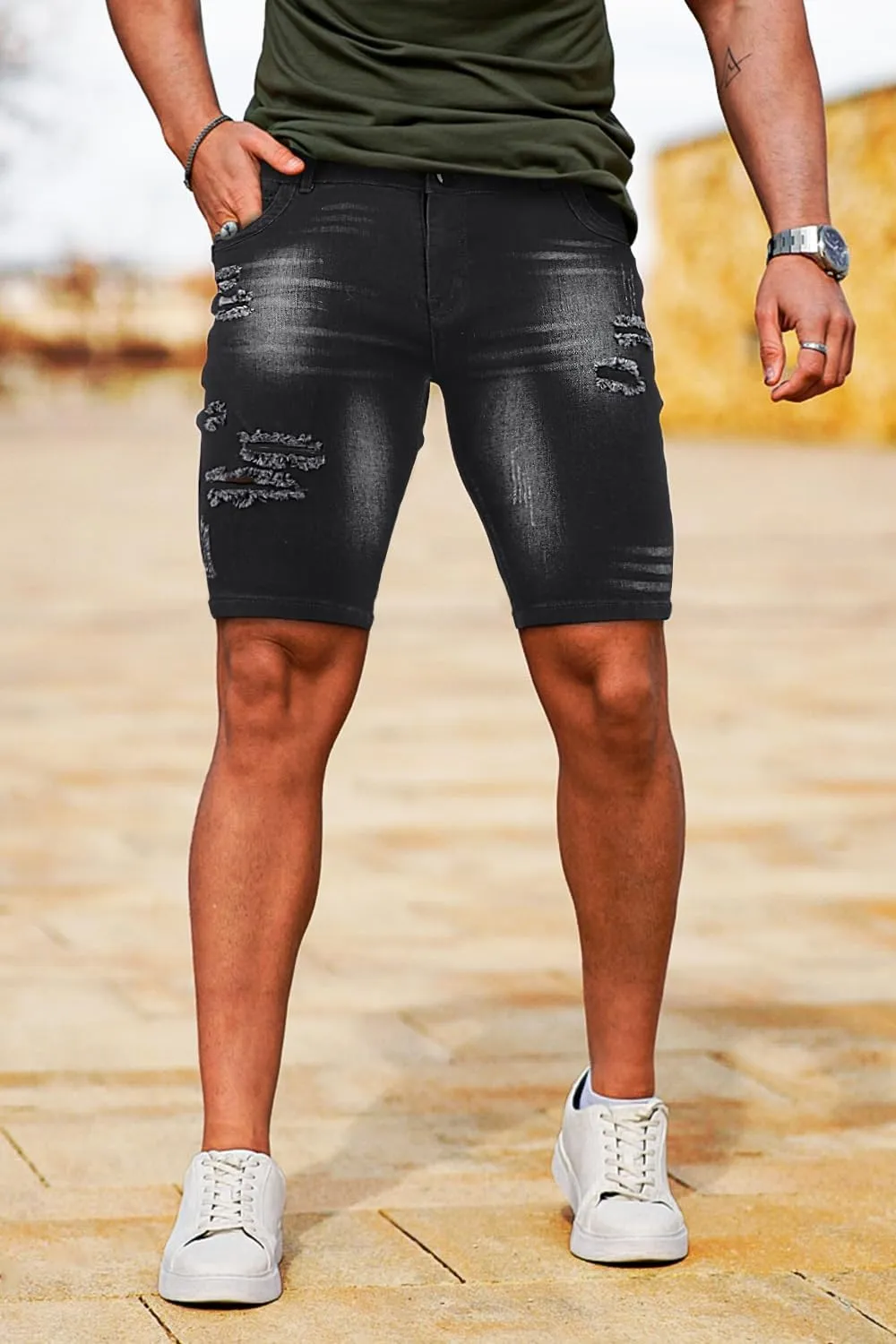 GINGTTO Men's Jean Shorts Ripped Slim Fit Stretch Denim Shorts