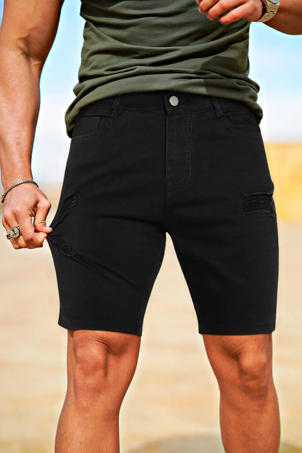 GINGTTO Men's Jean Shorts Ripped Slim Fit Stretch Denim Shorts