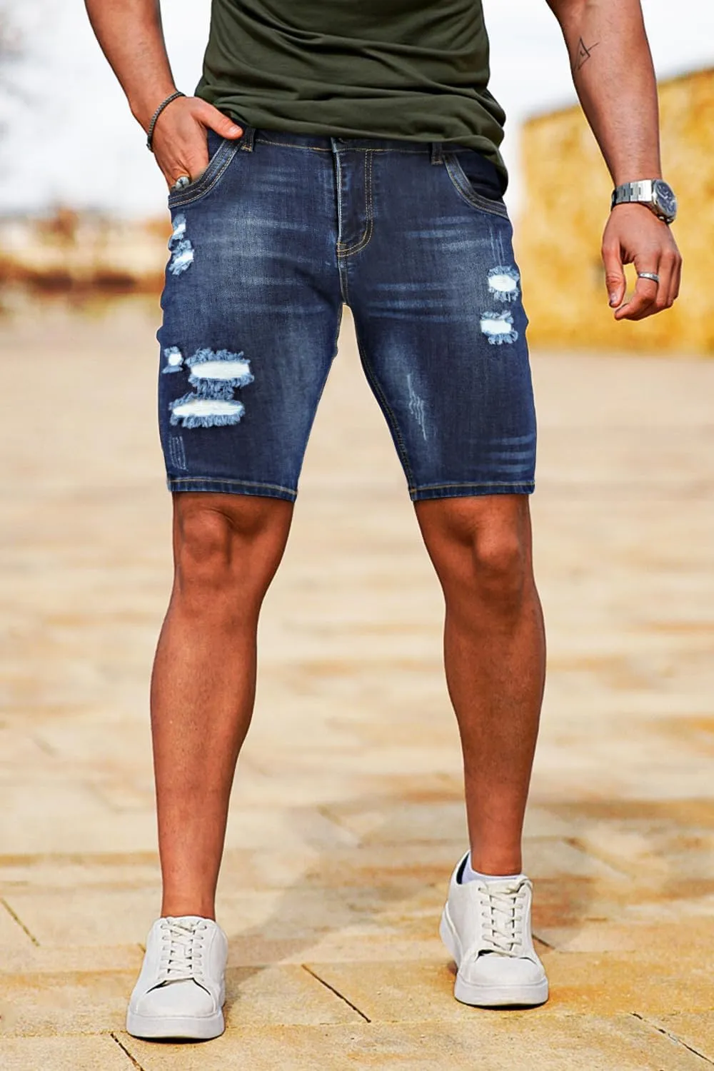 GINGTTO Men's Jean Shorts Ripped Slim Fit Stretch Denim Shorts