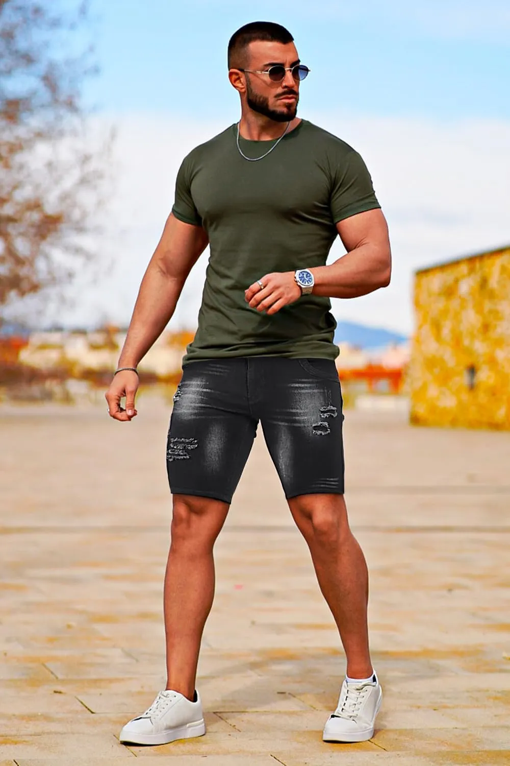GINGTTO Men's Jean Shorts Ripped Slim Fit Stretch Denim Shorts