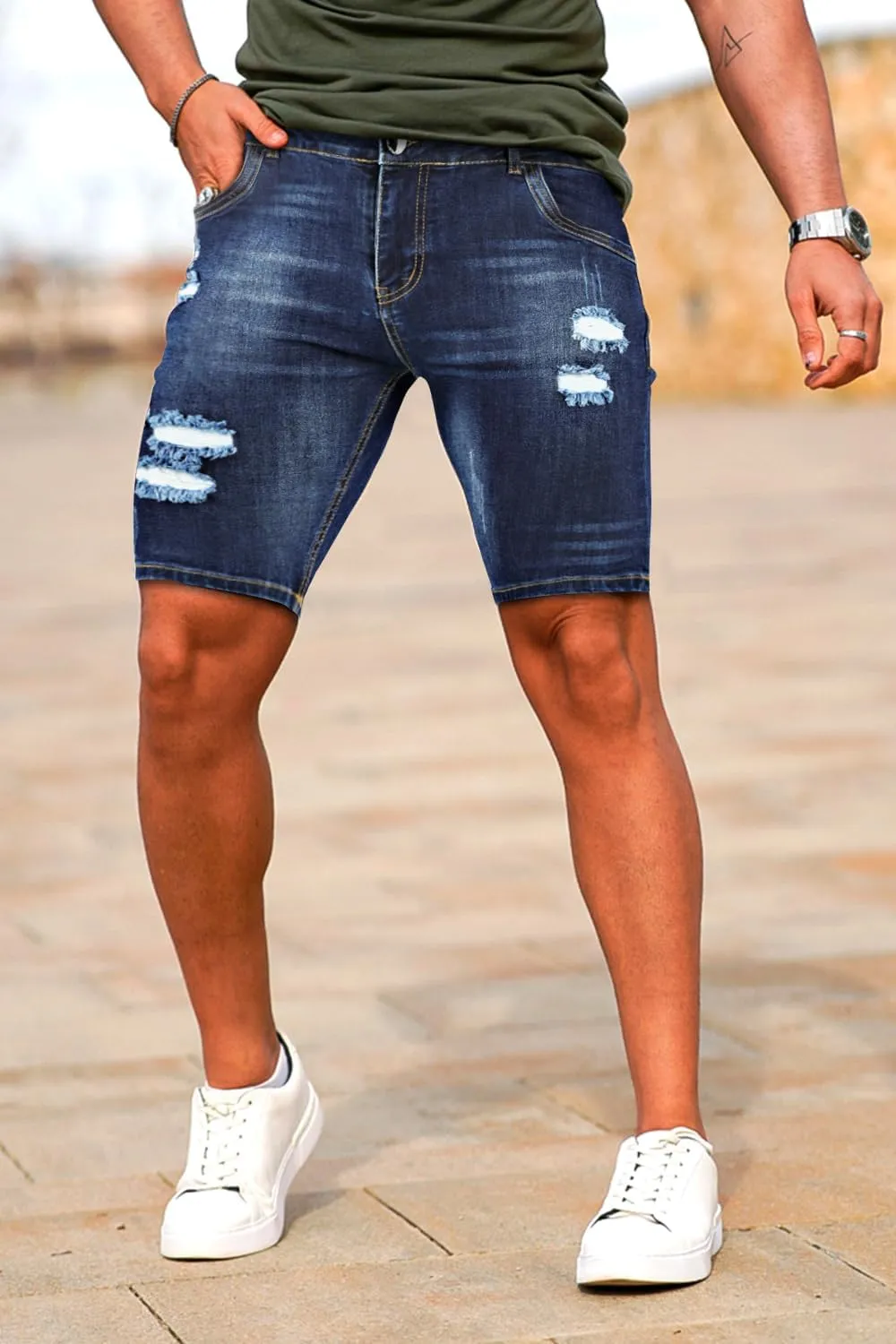 GINGTTO Men's Jean Shorts Ripped Slim Fit Stretch Denim Shorts