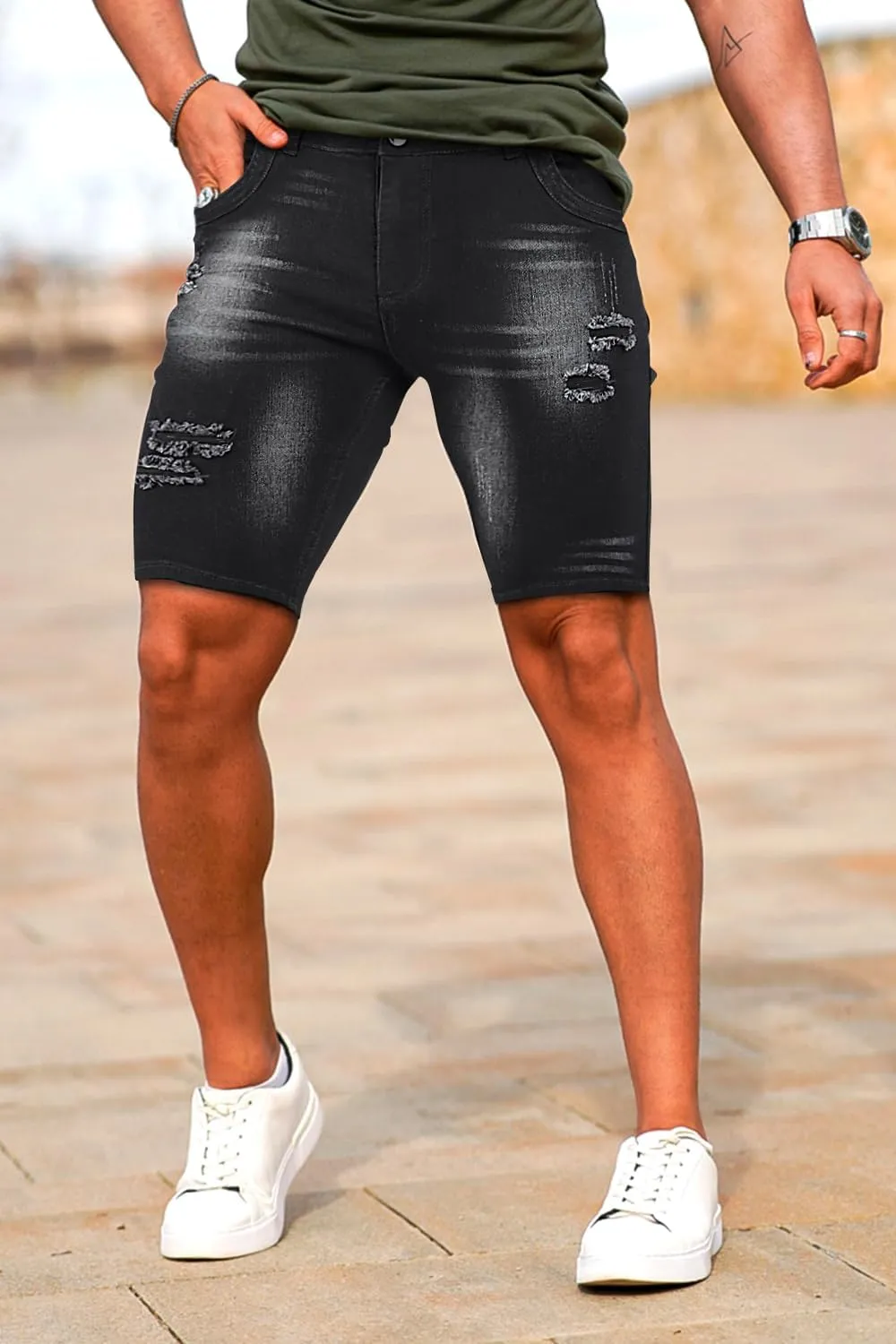 GINGTTO Men's Jean Shorts Ripped Slim Fit Stretch Denim Shorts