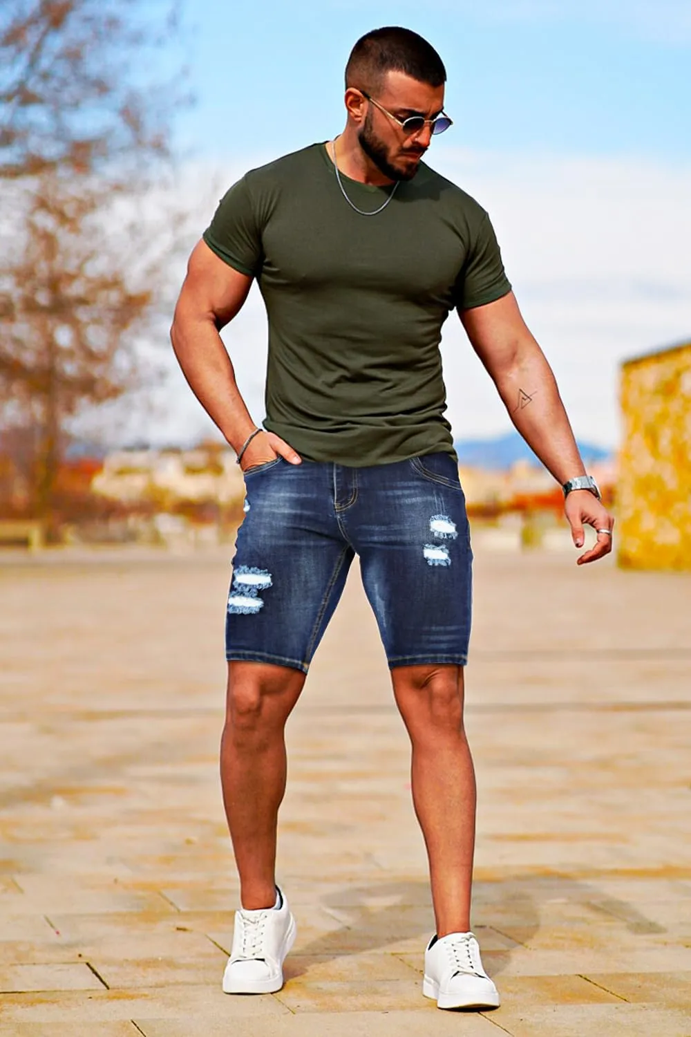 GINGTTO Men's Jean Shorts Ripped Slim Fit Stretch Denim Shorts