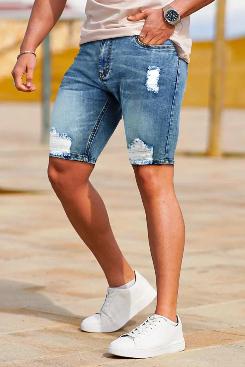 GINGTTO Men's Jean Shorts Ripped Slim Fit Stretch Denim Shorts