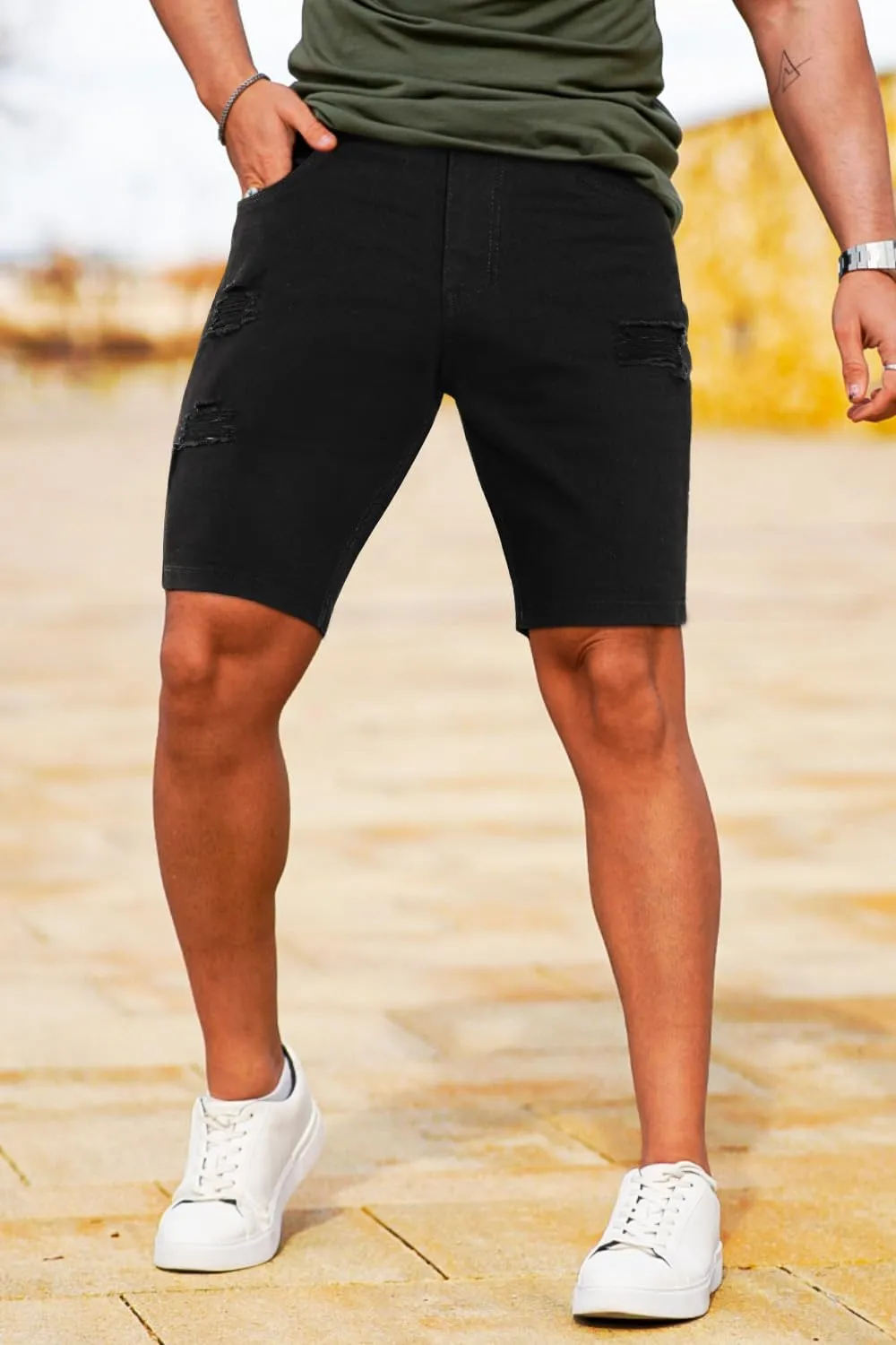 GINGTTO Men's Jean Shorts Ripped Slim Fit Stretch Denim Shorts