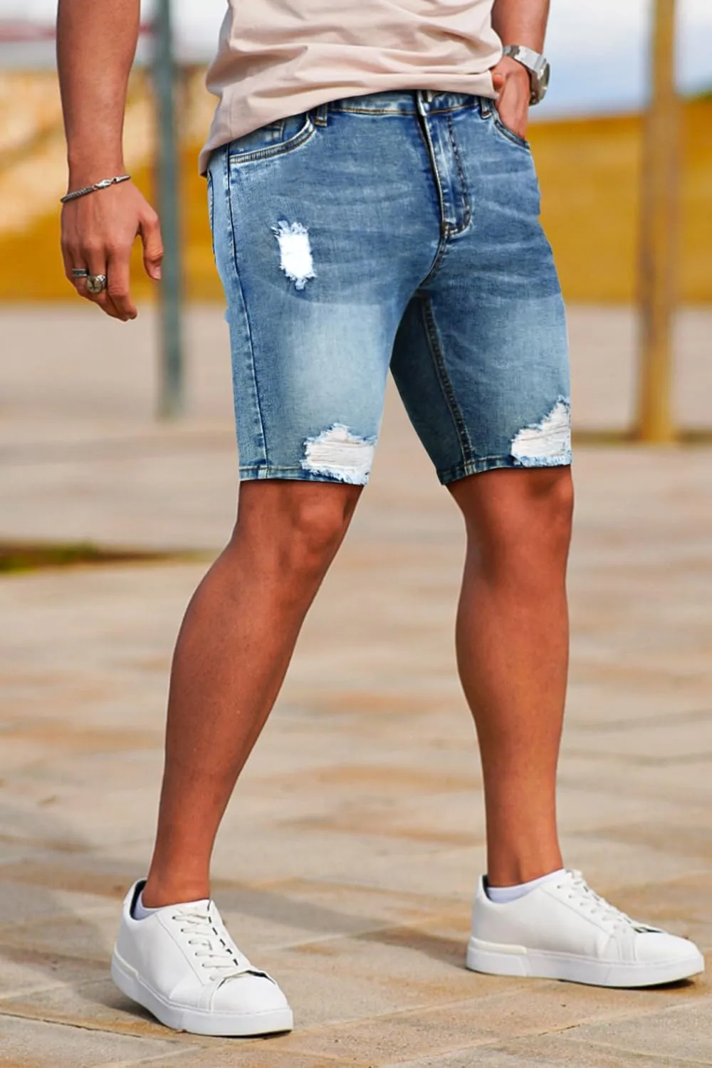 GINGTTO Men's Jean Shorts Ripped Slim Fit Stretch Denim Shorts