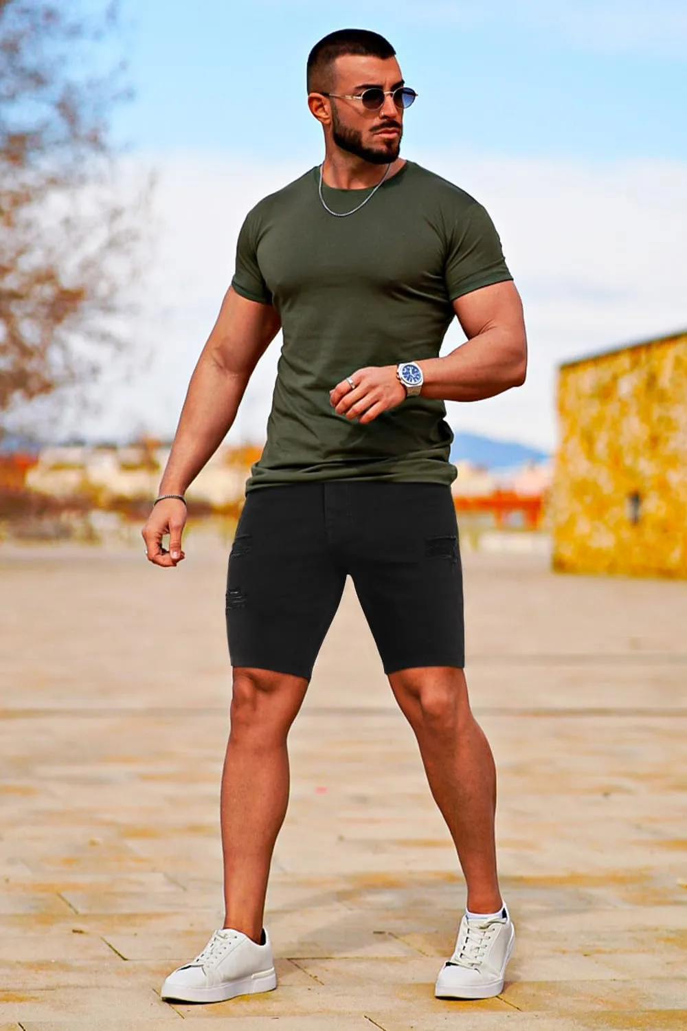 GINGTTO Men's Jean Shorts Ripped Slim Fit Stretch Denim Shorts