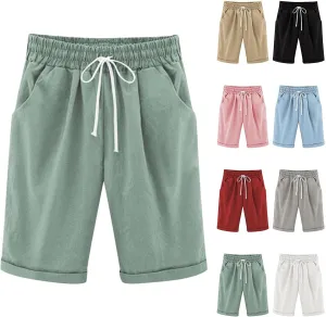Girls Casual Bermuda Shorts Kids Knee Length High Waisted Summer Shorts Linen Comfy Drawstring Short Pants with