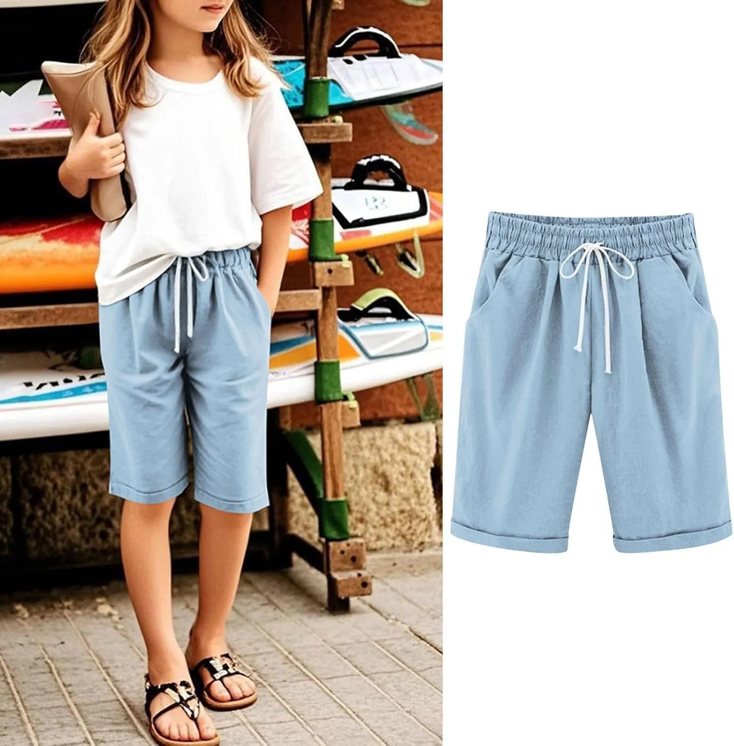 Girls Casual Bermuda Shorts Kids Knee Length High Waisted Summer Shorts Linen Comfy Drawstring Short Pants with