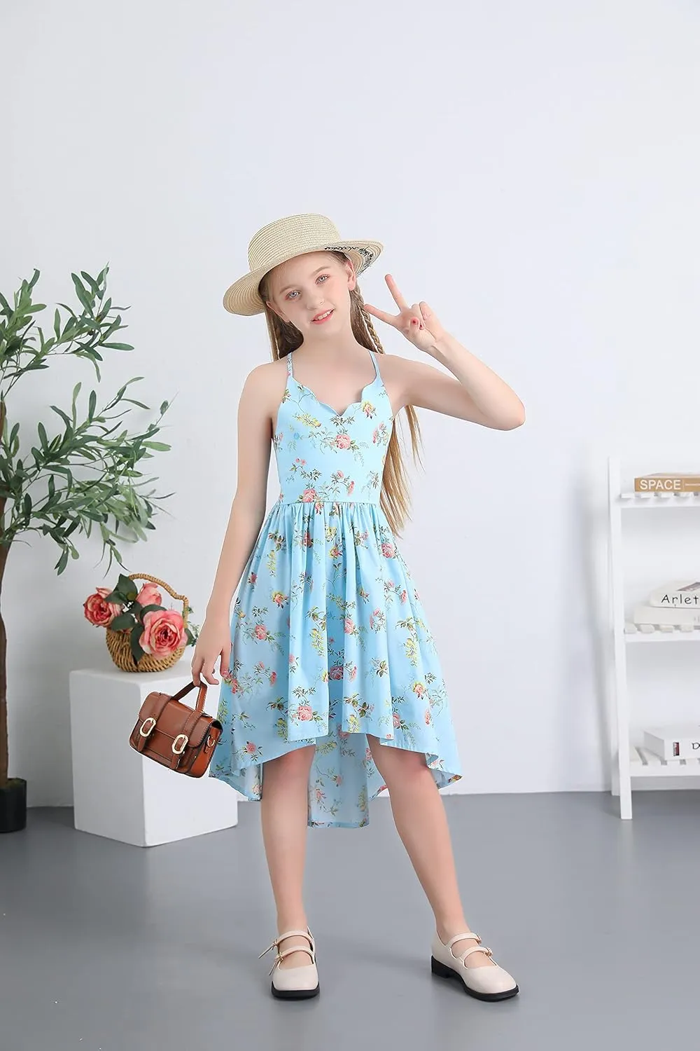 Girls Dress Casual Clothes Above Knee Floral Printed Dresses Backless Summer Dresses …