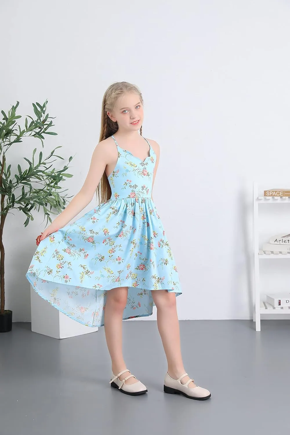 Girls Dress Casual Clothes Above Knee Floral Printed Dresses Backless Summer Dresses …