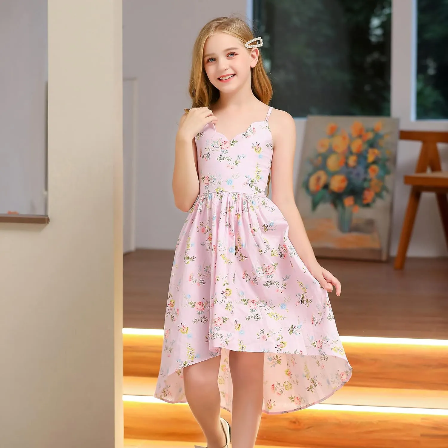 Girls Dress Casual Clothes Above Knee Floral Printed Dresses Backless Summer Dresses …