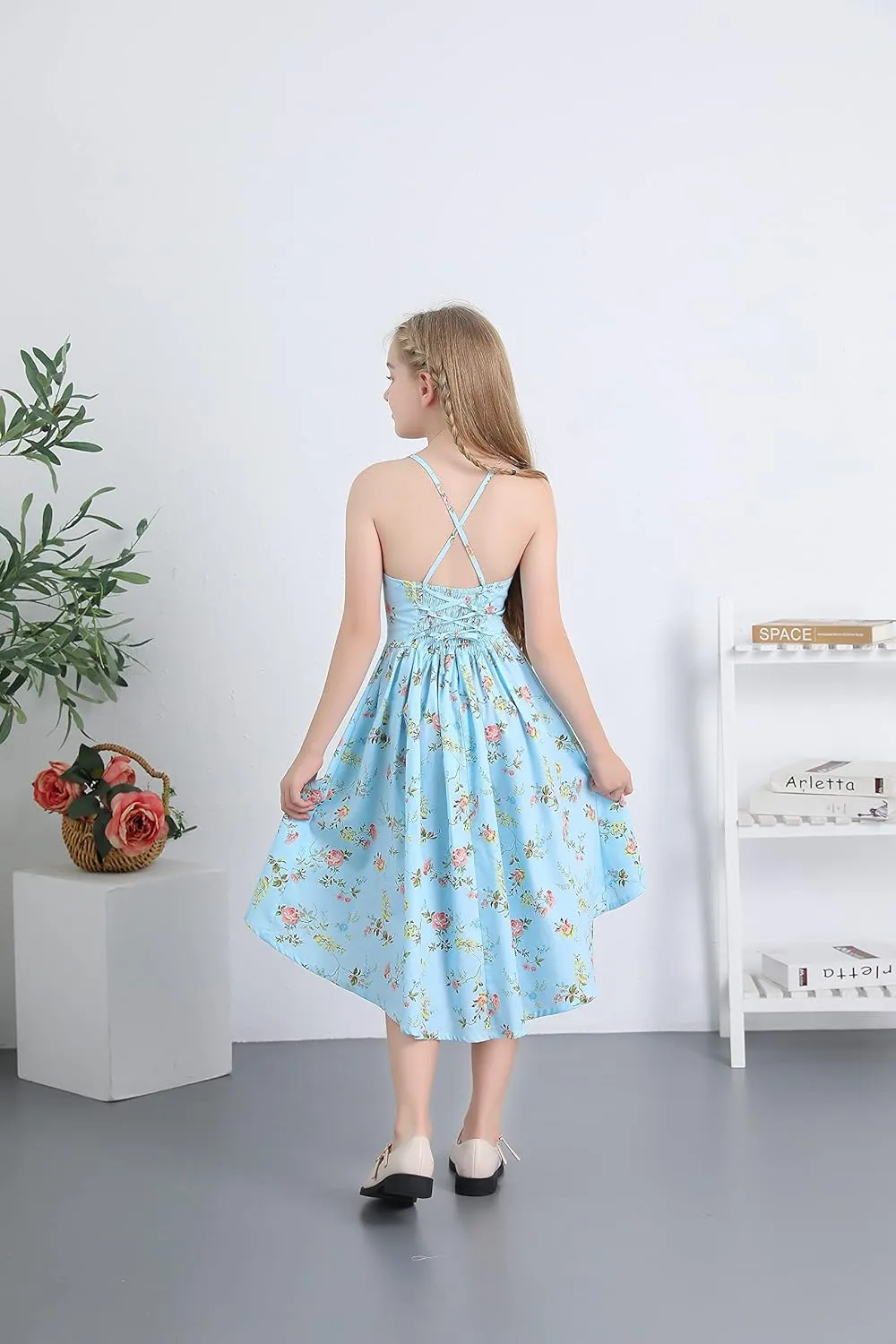 Girls Dress Casual Clothes Above Knee Floral Printed Dresses Backless Summer Dresses …