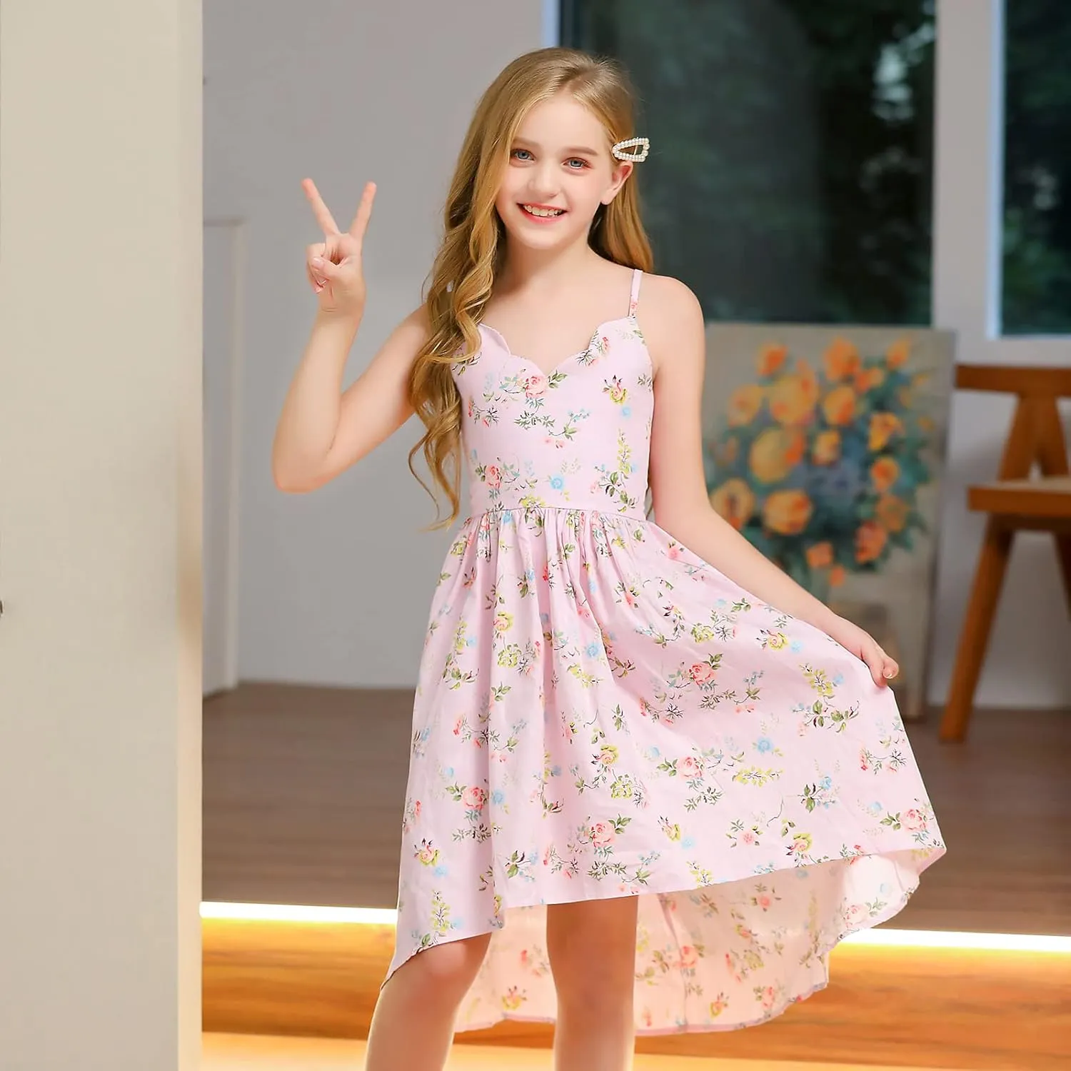 Girls Dress Casual Clothes Above Knee Floral Printed Dresses Backless Summer Dresses …