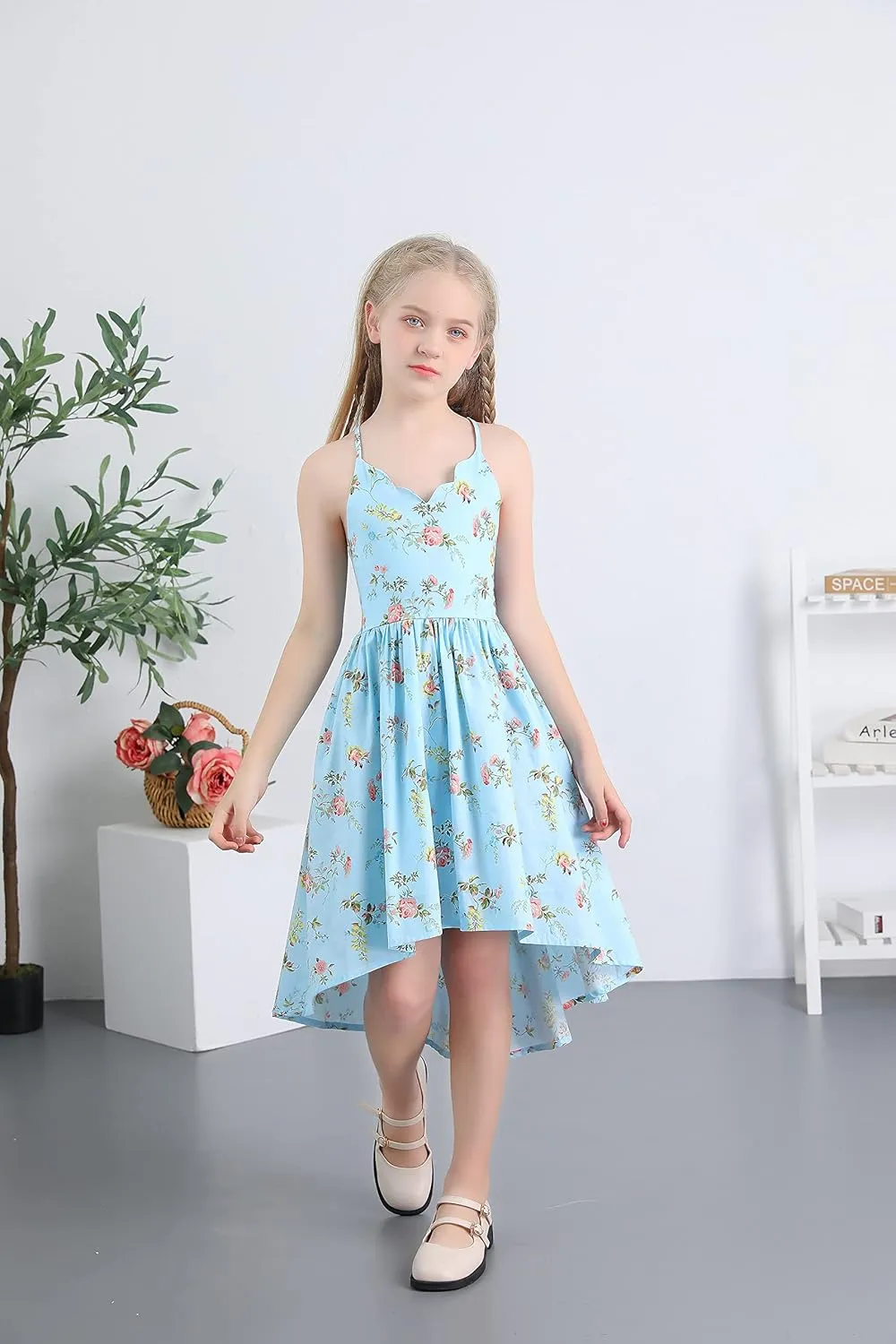 Girls Dress Casual Clothes Above Knee Floral Printed Dresses Backless Summer Dresses …