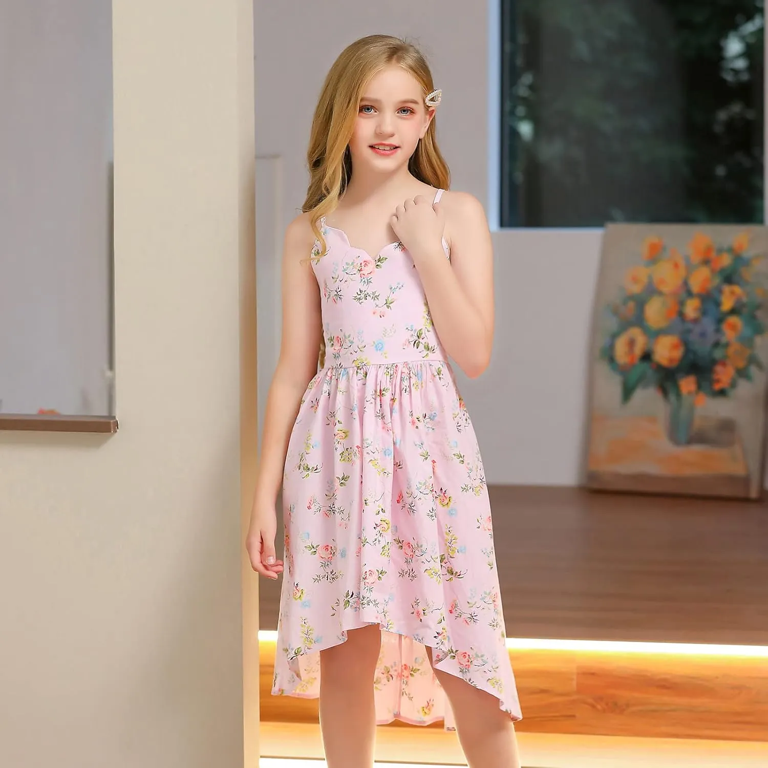 Girls Dress Casual Clothes Above Knee Floral Printed Dresses Backless Summer Dresses …