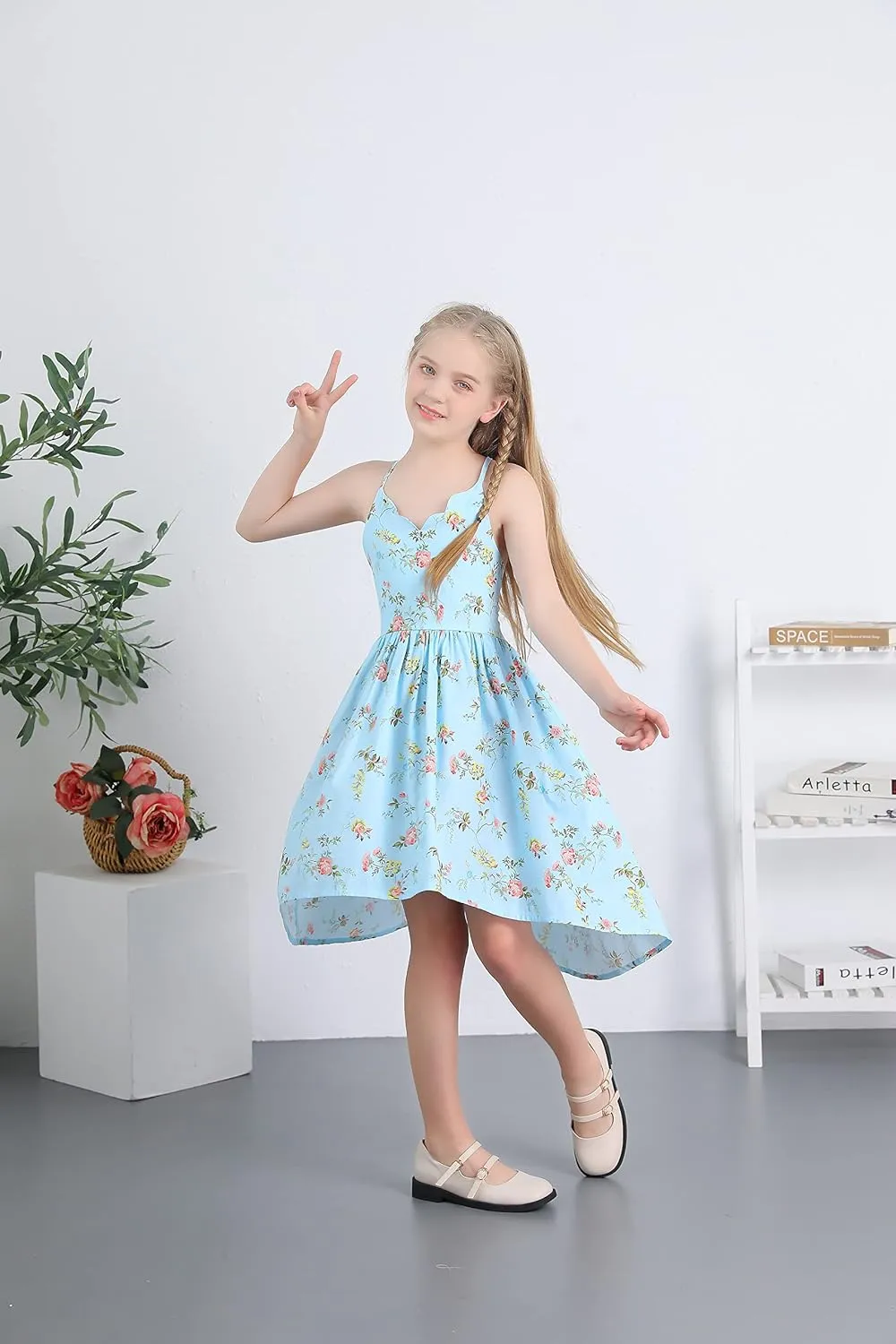 Girls Dress Casual Clothes Above Knee Floral Printed Dresses Backless Summer Dresses …