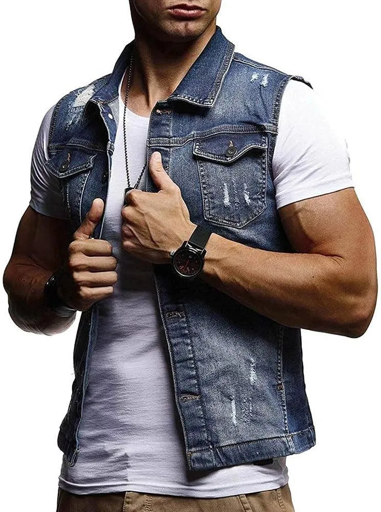 GOKKILRW Mens Casual Button Up Loose Denim Vests Sleeveless Slim Fit Vintage Casual Ripped Jean Waistcoat Motorcycle Jacket