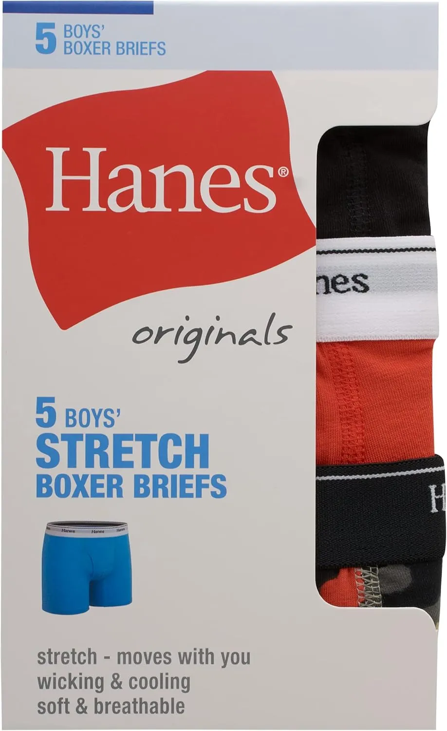 Hanes Boys' Boxer Briefs, Moisture-wicking Cotton Stretch Underwear, Assorted 5-pack