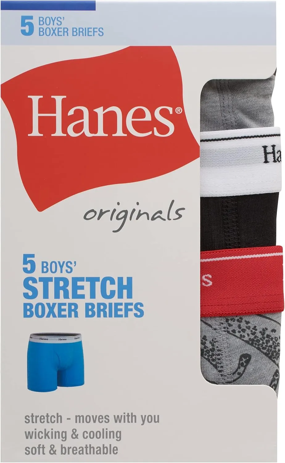 Hanes Boys' Boxer Briefs, Moisture-wicking Cotton Stretch Underwear, Assorted 5-pack