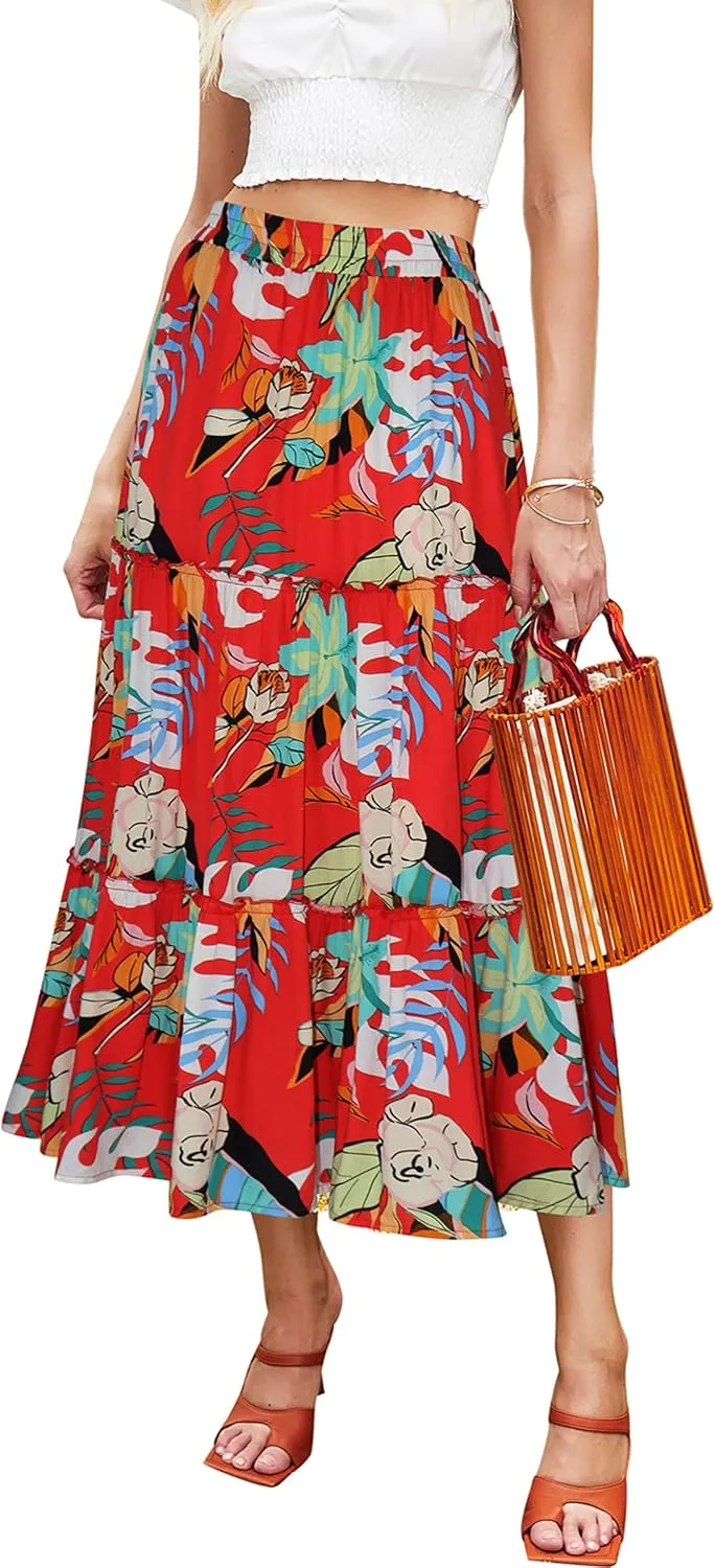 Hibluco Women's Floral Midi Skirts Elastic High Waist A-Line Swing Skirts