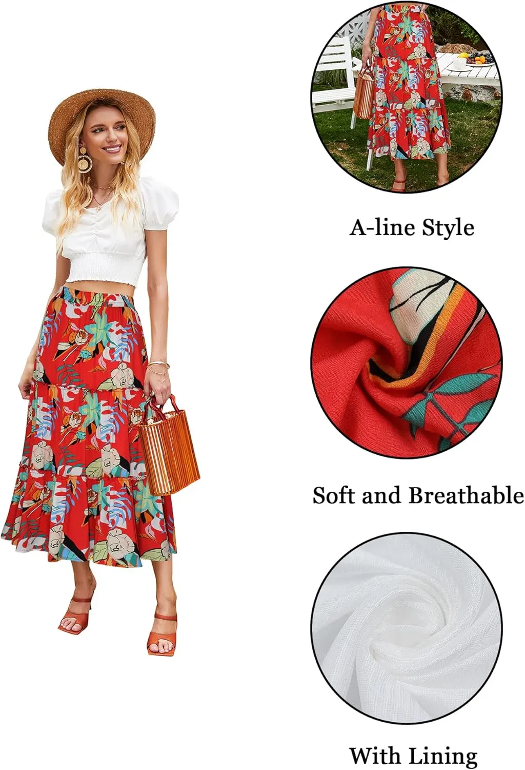Hibluco Women's Floral Midi Skirts Elastic High Waist A-Line Swing Skirts