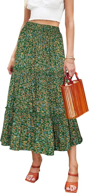 Hibluco Women's Floral Midi Skirts Elastic High Waist A-Line Swing Skirts