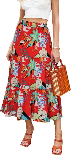 Hibluco Women's Floral Midi Skirts Elastic High Waist A-Line Swing Skirts