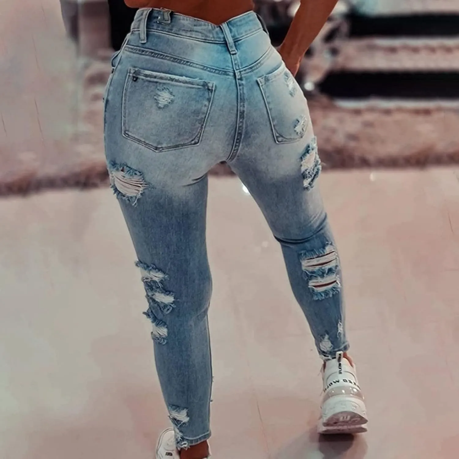 High Waisted-Rise Colored Stretch Skinny Destroyed Ripped Distressed Jeans for Women Skinny Legs Stretch Denim Pants