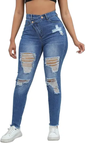 High Waisted-Rise Colored Stretch Skinny Destroyed Ripped Distressed Jeans for Women Skinny Legs Stretch Denim Pants
