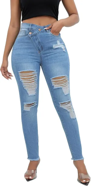 High Waisted-Rise Colored Stretch Skinny Destroyed Ripped Distressed Jeans for Women Skinny Legs Stretch Denim Pants