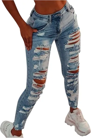 High Waisted-Rise Colored Stretch Skinny Destroyed Ripped Distressed Jeans for Women Skinny Legs Stretch Denim Pants