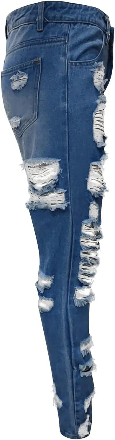 High Waisted-Rise Colored Stretch Skinny Destroyed Ripped Distressed Jeans for Women Skinny Legs Stretch Denim Pants