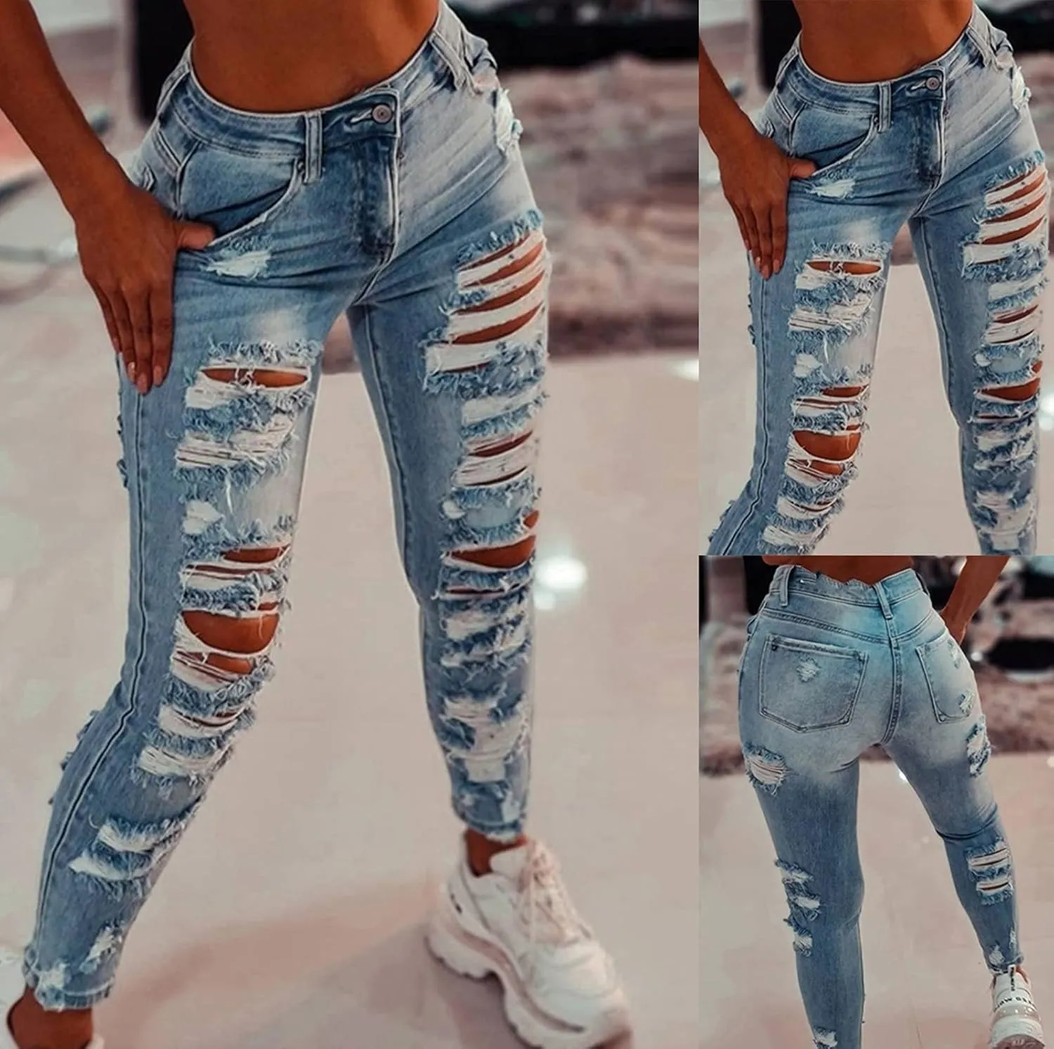 High Waisted-Rise Colored Stretch Skinny Destroyed Ripped Distressed Jeans for Women Skinny Legs Stretch Denim Pants
