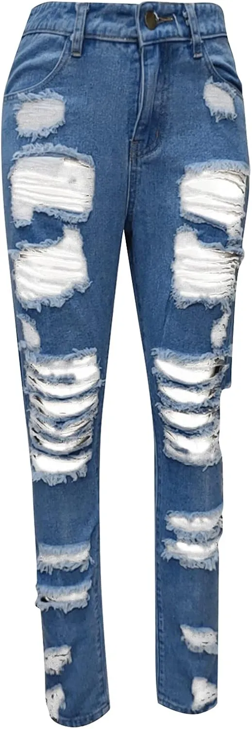 High Waisted-Rise Colored Stretch Skinny Destroyed Ripped Distressed Jeans for Women Skinny Legs Stretch Denim Pants