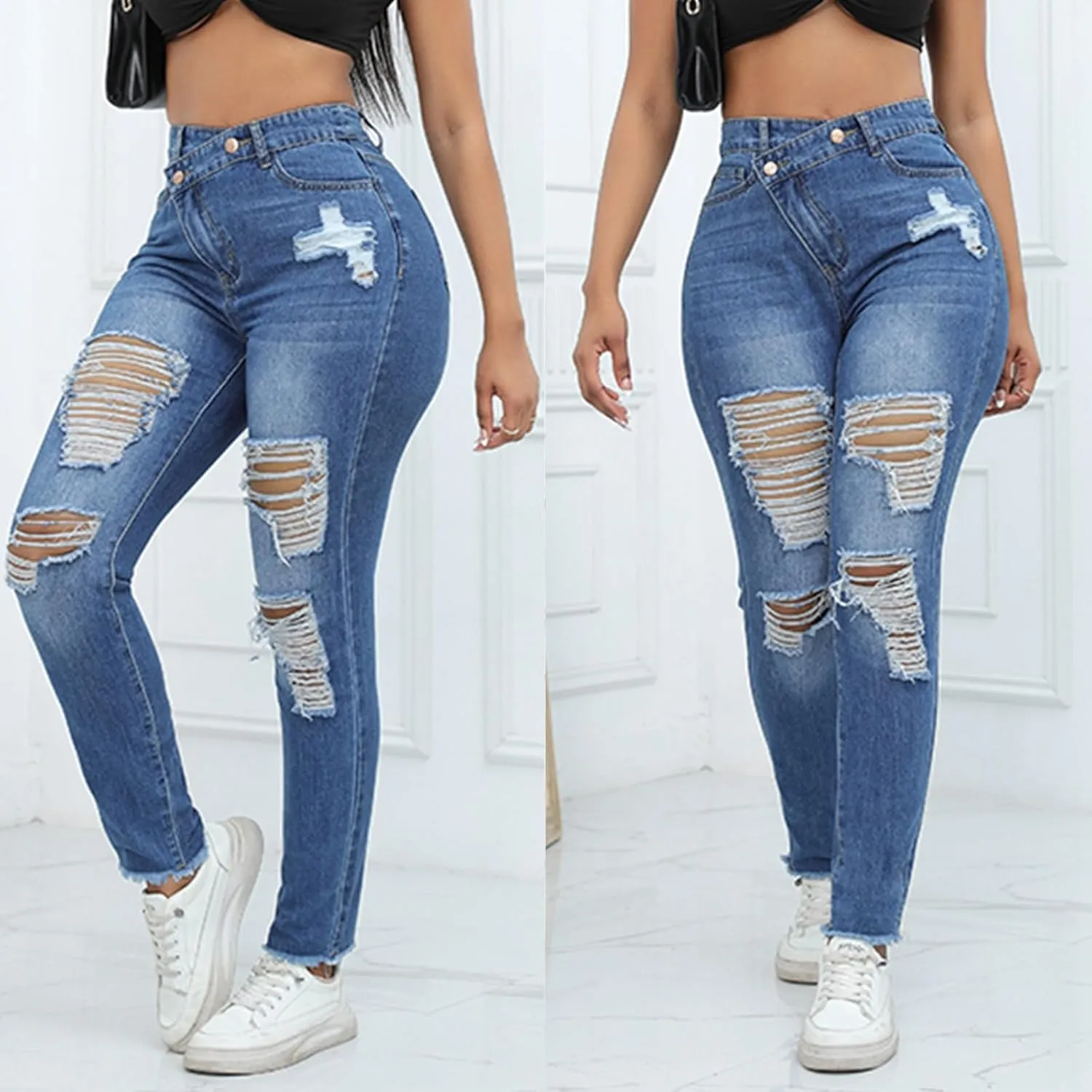 High Waisted-Rise Colored Stretch Skinny Destroyed Ripped Distressed Jeans for Women Skinny Legs Stretch Denim Pants