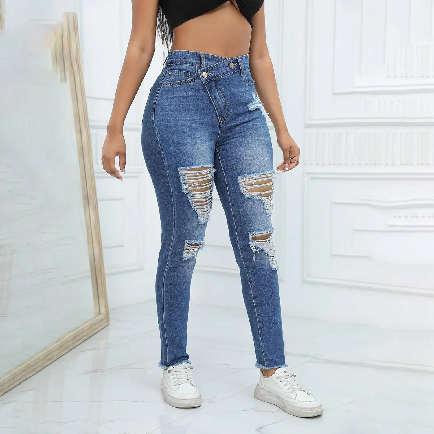 High Waisted-Rise Colored Stretch Skinny Destroyed Ripped Distressed Jeans for Women Skinny Legs Stretch Denim Pants