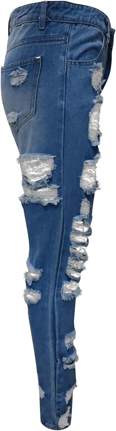 High Waisted-Rise Colored Stretch Skinny Destroyed Ripped Distressed Jeans for Women Skinny Legs Stretch Denim Pants