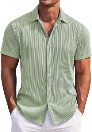 Hipster Button Down Dress Shirts for Men Ribbed Knit Casual Short Sleeve Cuban Beach Shirt Wedding Aloha Summer Tops