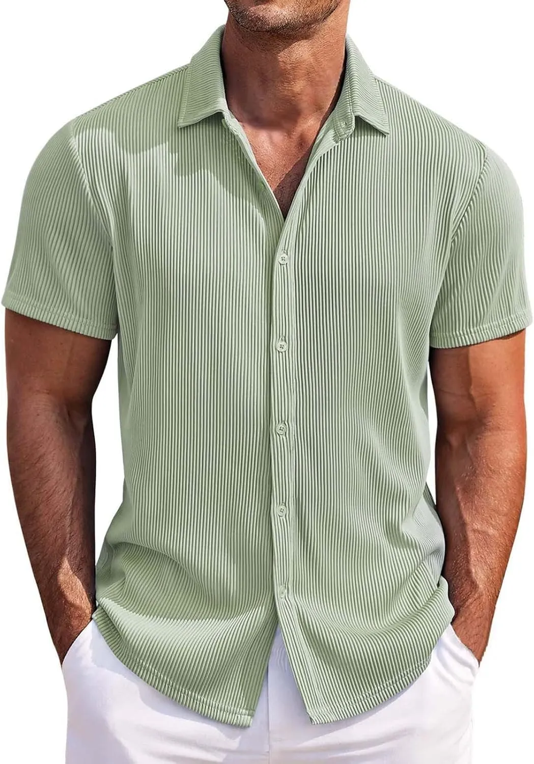 Hipster Button Down Dress Shirts for Men Ribbed Knit Casual Short Sleeve Cuban Beach Shirt Wedding Aloha Summer Tops
