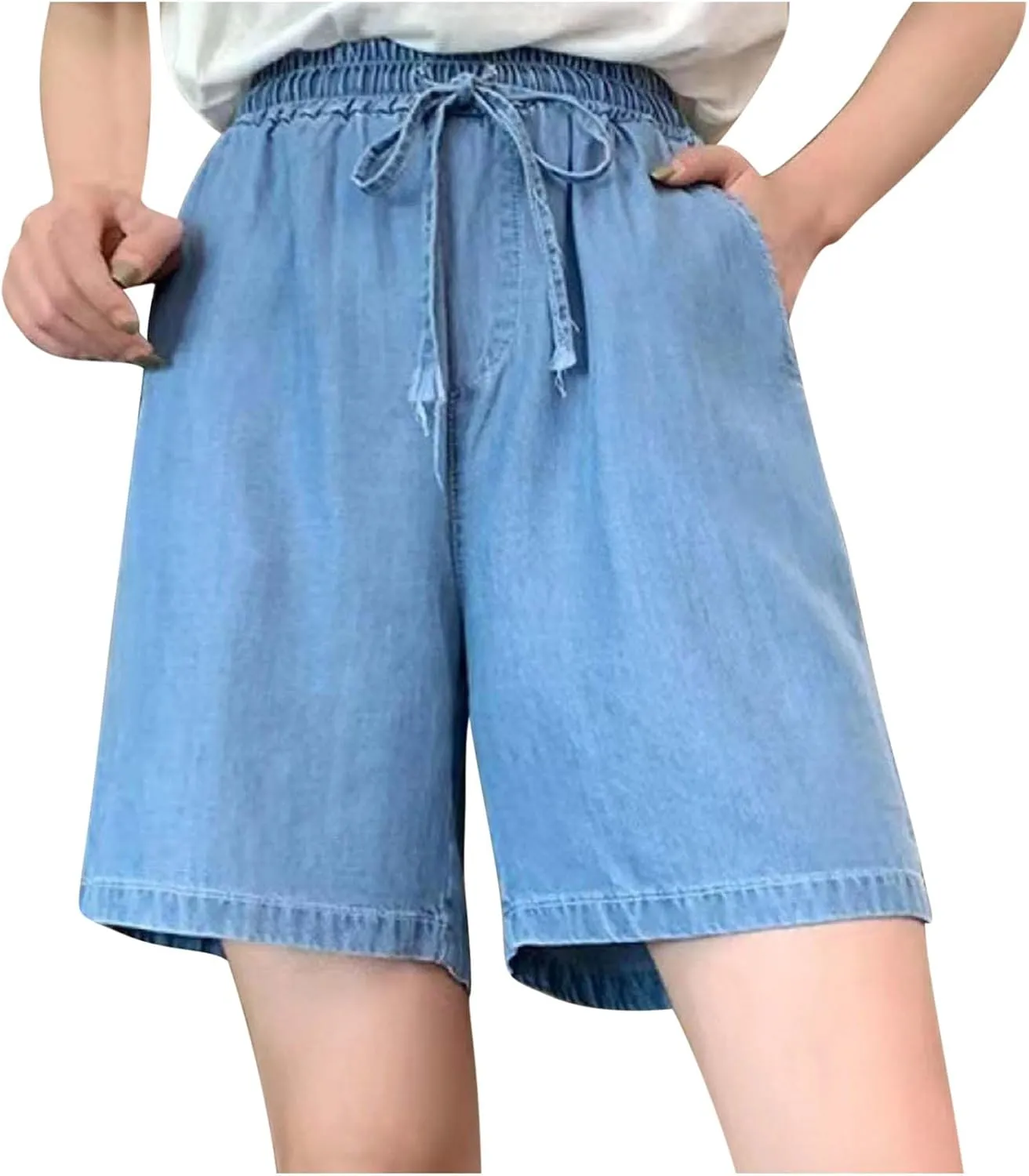 Jean Shorts Womens High Waisted Bermuda Shorts Elastic Waist Wide Leg Denim Shorts Summer Drawstring Lounge Shorts