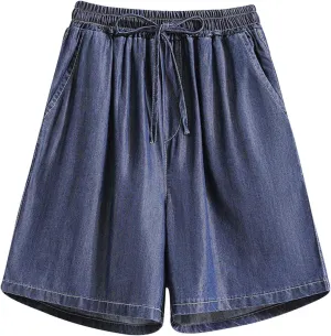 Jean Shorts Womens High Waisted Bermuda Shorts Elastic Waist Wide Leg Denim Shorts Summer Drawstring Lounge Shorts