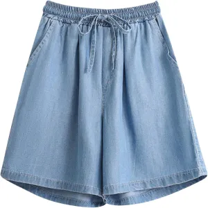 Jean Shorts Womens High Waisted Bermuda Shorts Elastic Waist Wide Leg Denim Shorts Summer Drawstring Lounge Shorts