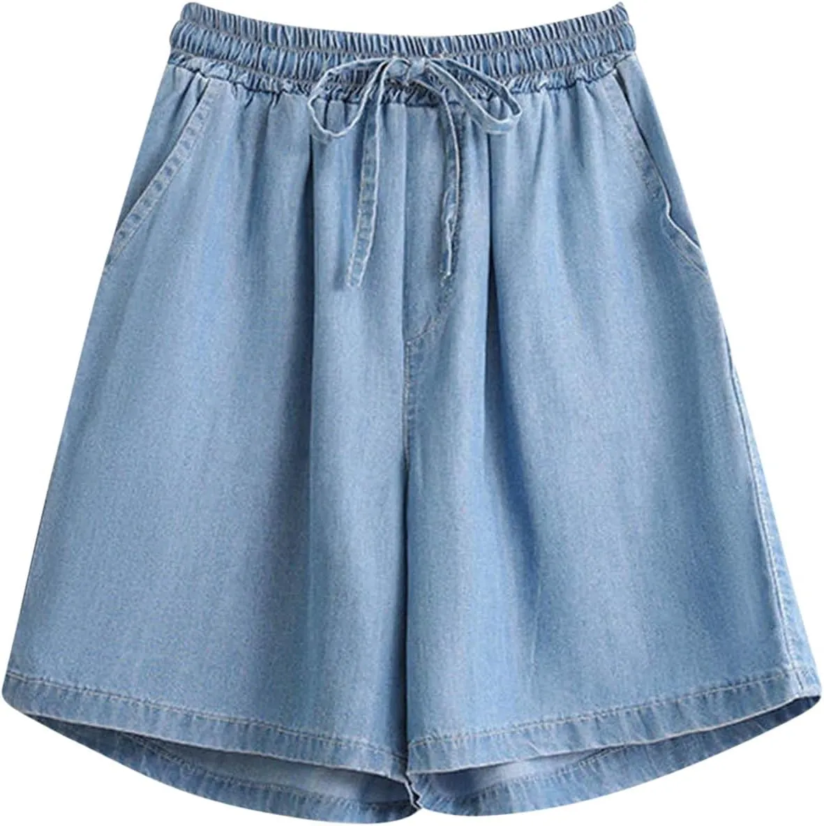 Jean Shorts Womens High Waisted Bermuda Shorts Elastic Waist Wide Leg Denim Shorts Summer Drawstring Lounge Shorts