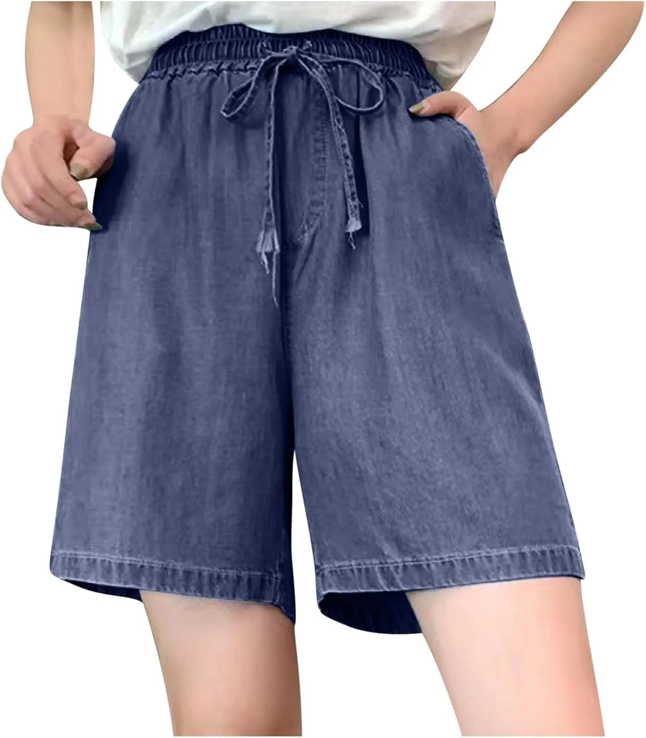 Jean Shorts Womens High Waisted Bermuda Shorts Elastic Waist Wide Leg Denim Shorts Summer Drawstring Lounge Shorts