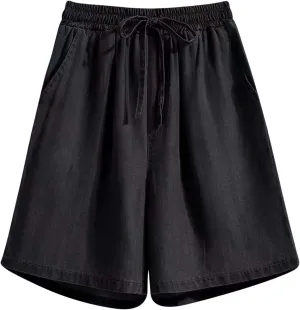 Jean Shorts Womens High Waisted Bermuda Shorts Elastic Waist Wide Leg Denim Shorts Summer Drawstring Lounge Shorts