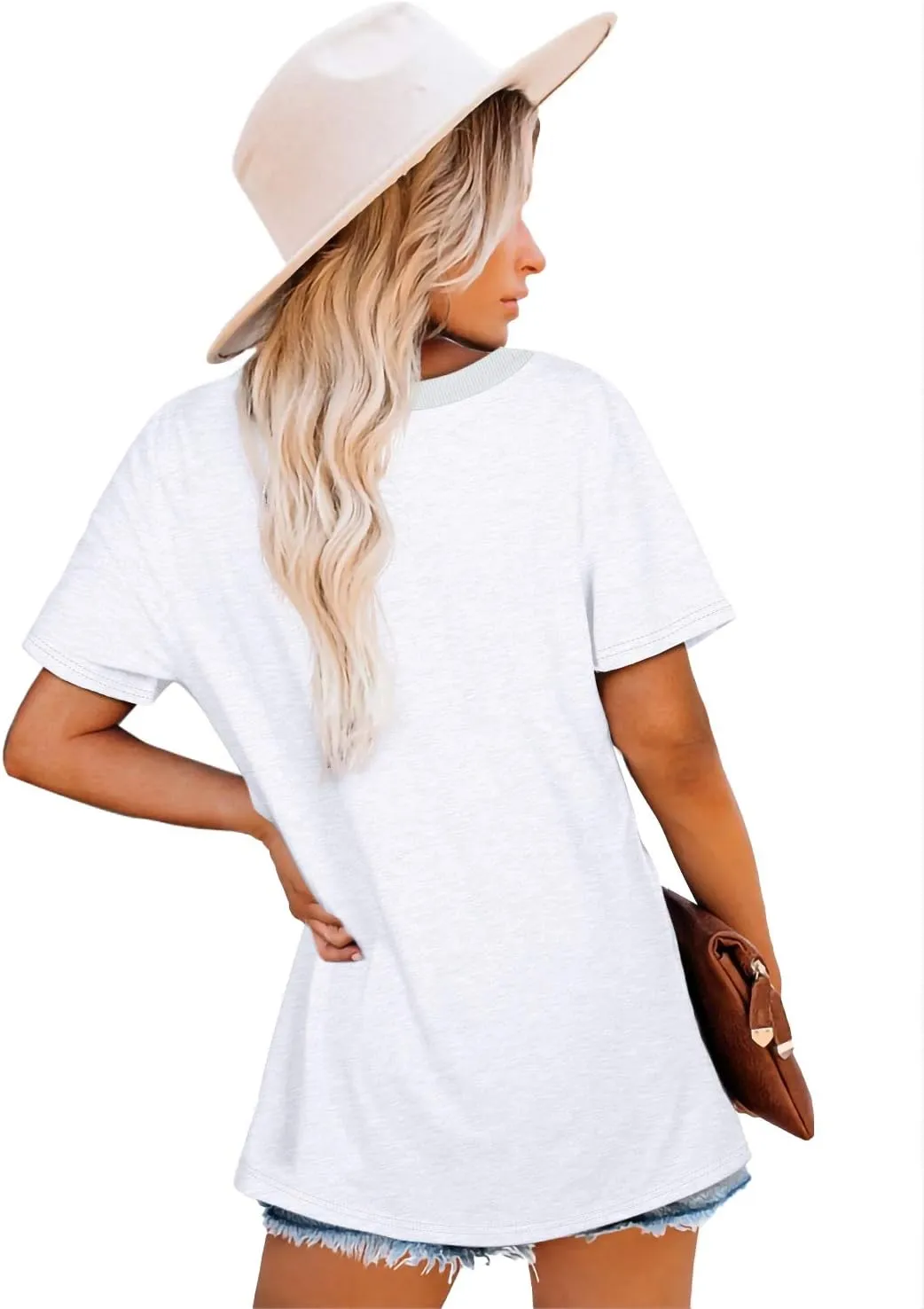 Jescakoo Womens Tops Summer Short Sleeve Ribbed Trim Crewneck T Shirts Fashion Basic Tee