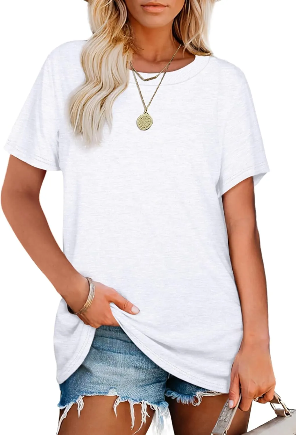 Jescakoo Womens Tops Summer Short Sleeve Ribbed Trim Crewneck T Shirts Fashion Basic Tee